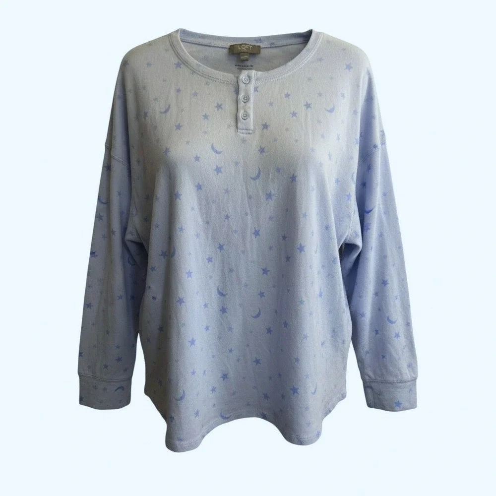 OMG SO SOFT WARM Ann Taylor LOFT Henley Shirt PLus Size 2X Sleep Blue Moon Stars